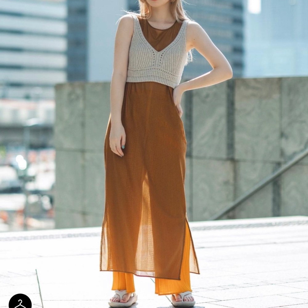 UNIQLO x MAME KUROGOUCHI Mesh Sleeveless Long Dress Brown Size XS Sheer Fitted